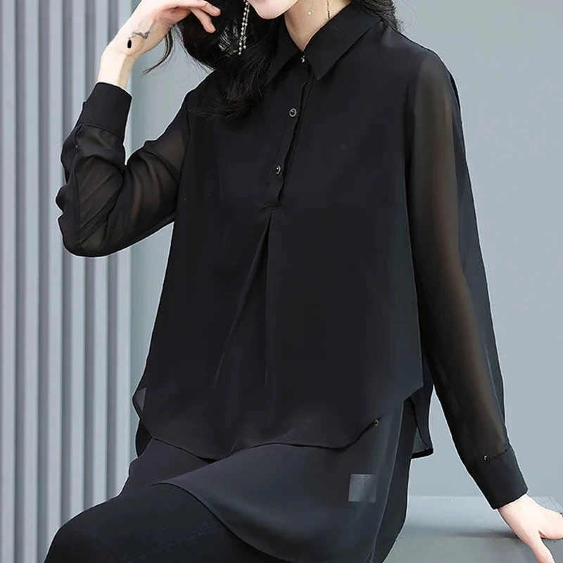

Spring Autumn Korean Style Black Elegant Fashion Double Layer Pullover Casual Chiffon Shirt Women Lapel Long Sleeve Blouse ZT453
