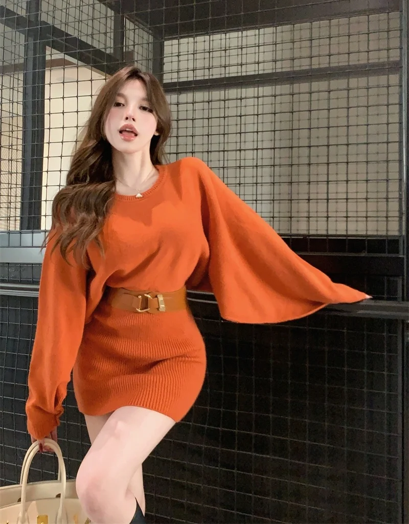 

Slimming Knitted Dress with Belt Batwing Sleeves round Neck Overhead Short Skirt Korean Style Commute Long Sleeve Autumn Fashion