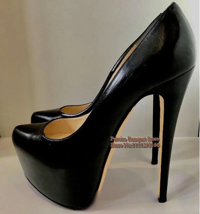 Sexy Black Matte Leather 16cm Platform Pumps Round Toe Stiletto High Heels Women Shoes Plus Size 46 Party Dress Shoes