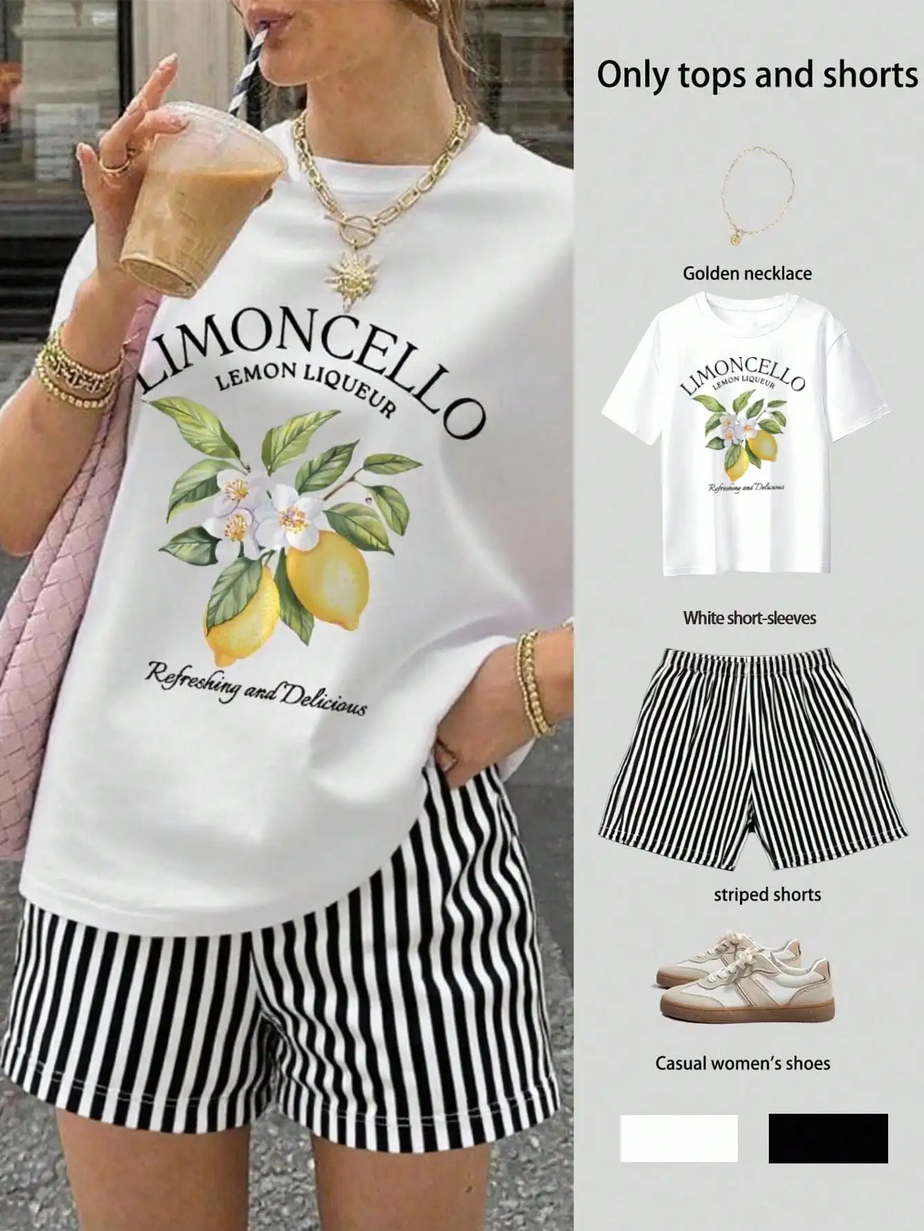 

Комплект из футболки с принтом лимончелло и полосатых шорт для женщин, повседневный летний наряд