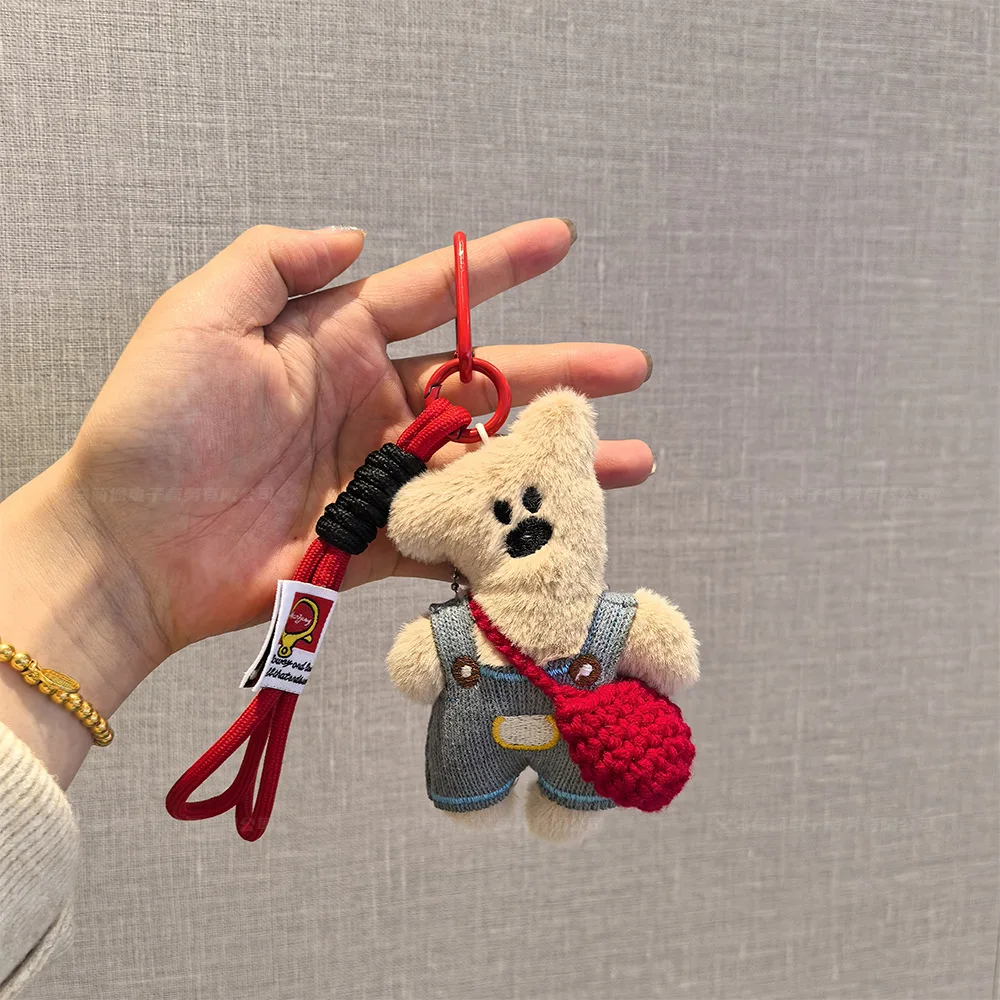 Cute Overalls Fluffy Tilt Head Bear Doll Keychain Flower Button Pink Skirt Red Woven Wool Shoulder Bag Braided Lanyard Key Chain