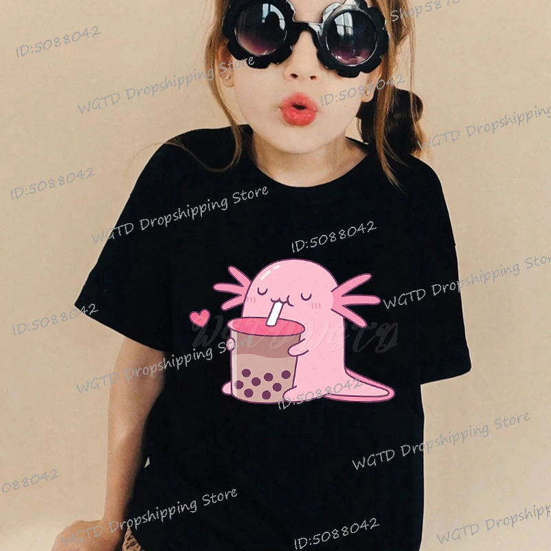 Children's Clothing Cute Axolotl Loves Strawberry Milk T Shirt Short Sleeve O-Neck Casual Boy Girl Cartoon Axolotl Anime T-shirt