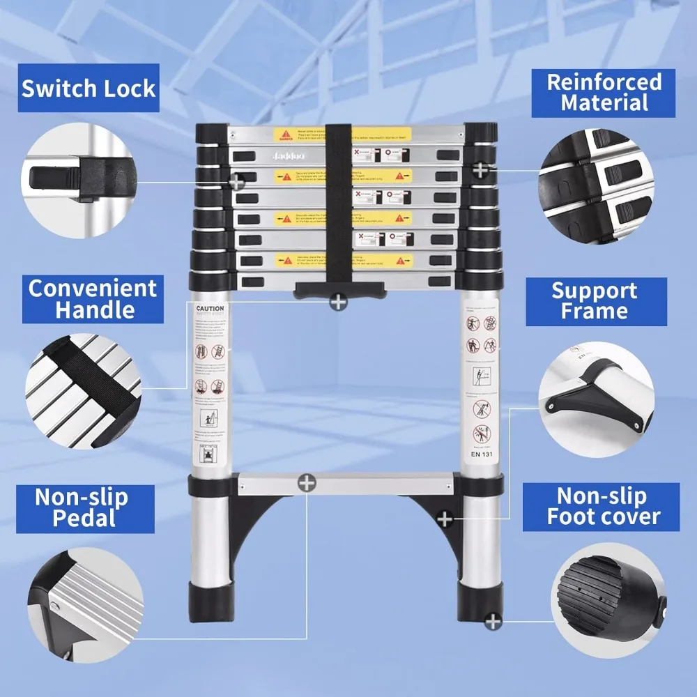 Scala telescopica, scala di estensione da 8.5 piedi, scala telescopica leggera in alluminio con 2 stabilizzatori triangolari, telescopica