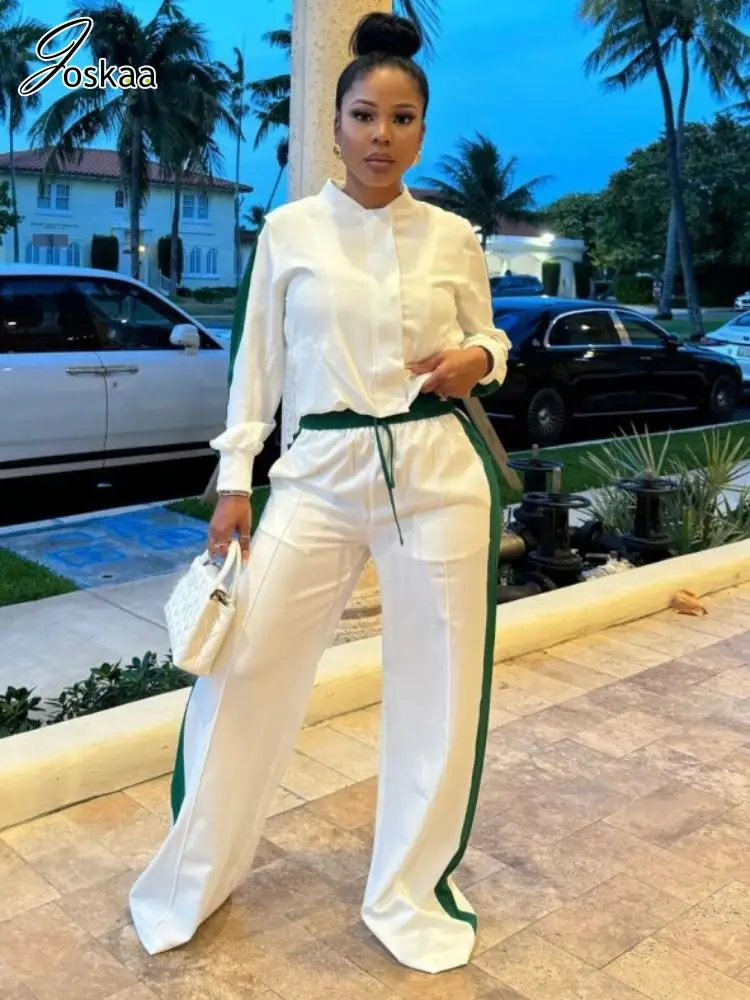 

Joskaa 2025 Fall Women's Stripe Patchwork 2 Piece Set Casual Full Sleeve Zip Jacket and Wide Leg Pants Matching Y2K Streetwear