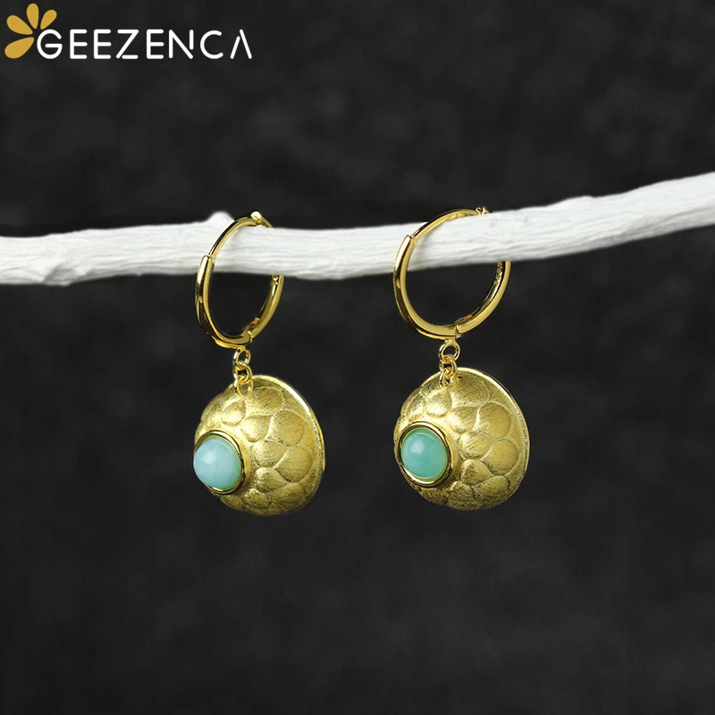 GEEZENCA Natural Amazonite S925 Silver Tang Dynasty Antique Lotus Bowl Drop Earrings Women Blue Stone Vintage Earring 2023 New