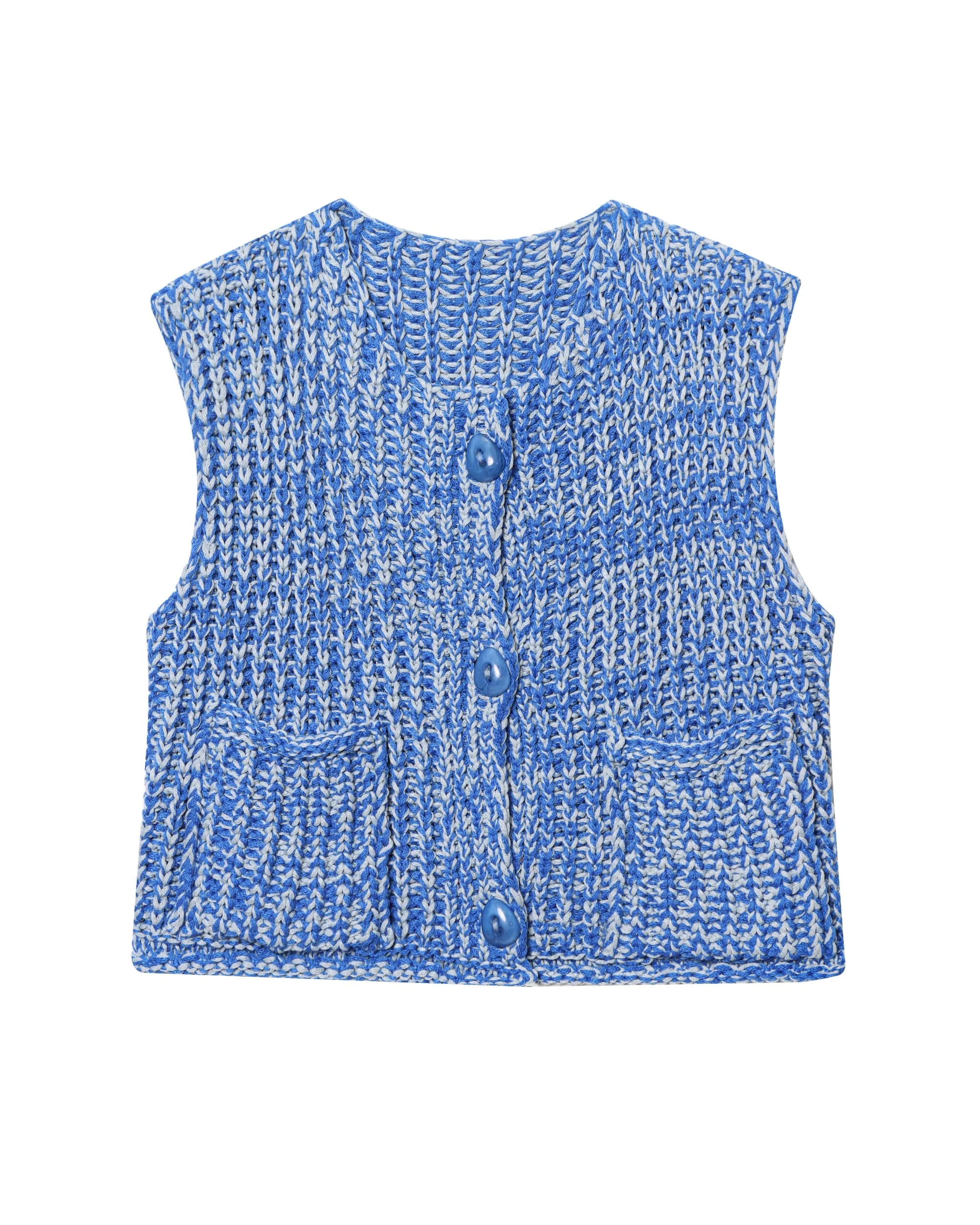 

2025 New Women's Fashion with Pockets Blue Single Breasted Knit Vest Vintage O Neck Sleeveless Women's Chic Lady Tops
