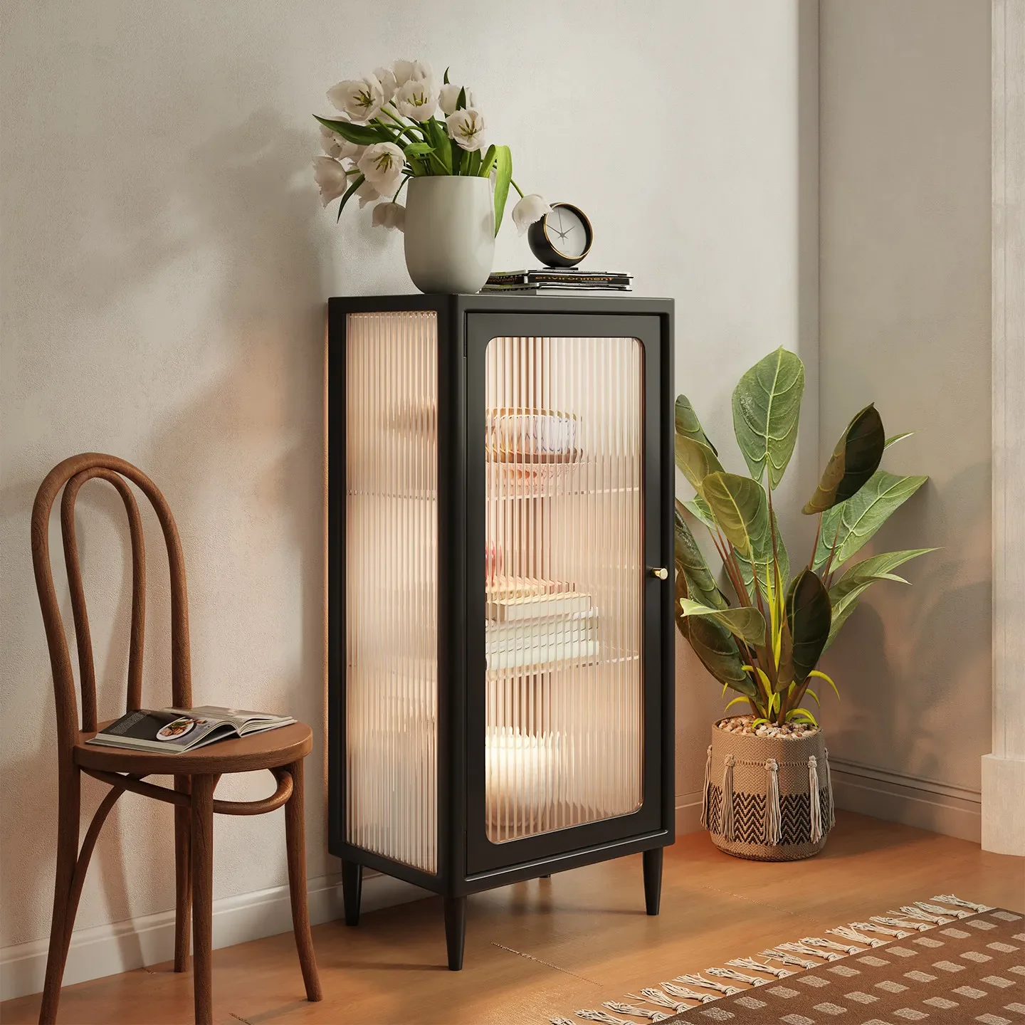 Modern glass door display with lamp wine household storage living room vertical figure next to TV display cabinet