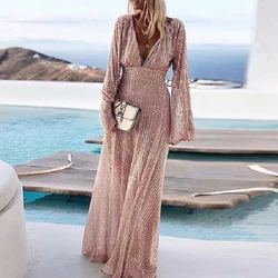 Fashion Deep V Neck Boho Party Dress Women Elegant Gold Stamping Off Shoulder Long Dress Summer Casual Sleeveless Beach Dresses