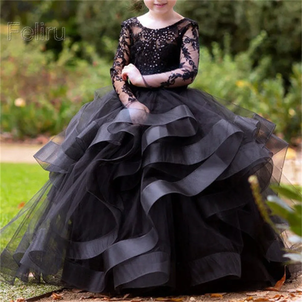 

Black Puffy Sequin Lace Layered Flower Girl Dress Wedding Long Sleeve Princess Party Gowns First Communion Kids Dresses