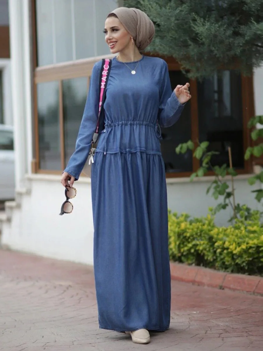 Elegant Muslim Women Denim Dress Elastic Waist Ramadan Abaya Hijab Dresses  Turkey Islamic Vestido Moroccan Kaftan Elbise