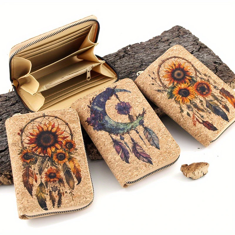 

5шт держатели для карт из пробковой кожи с принтом подсолнечника и перьев короткий кошелек