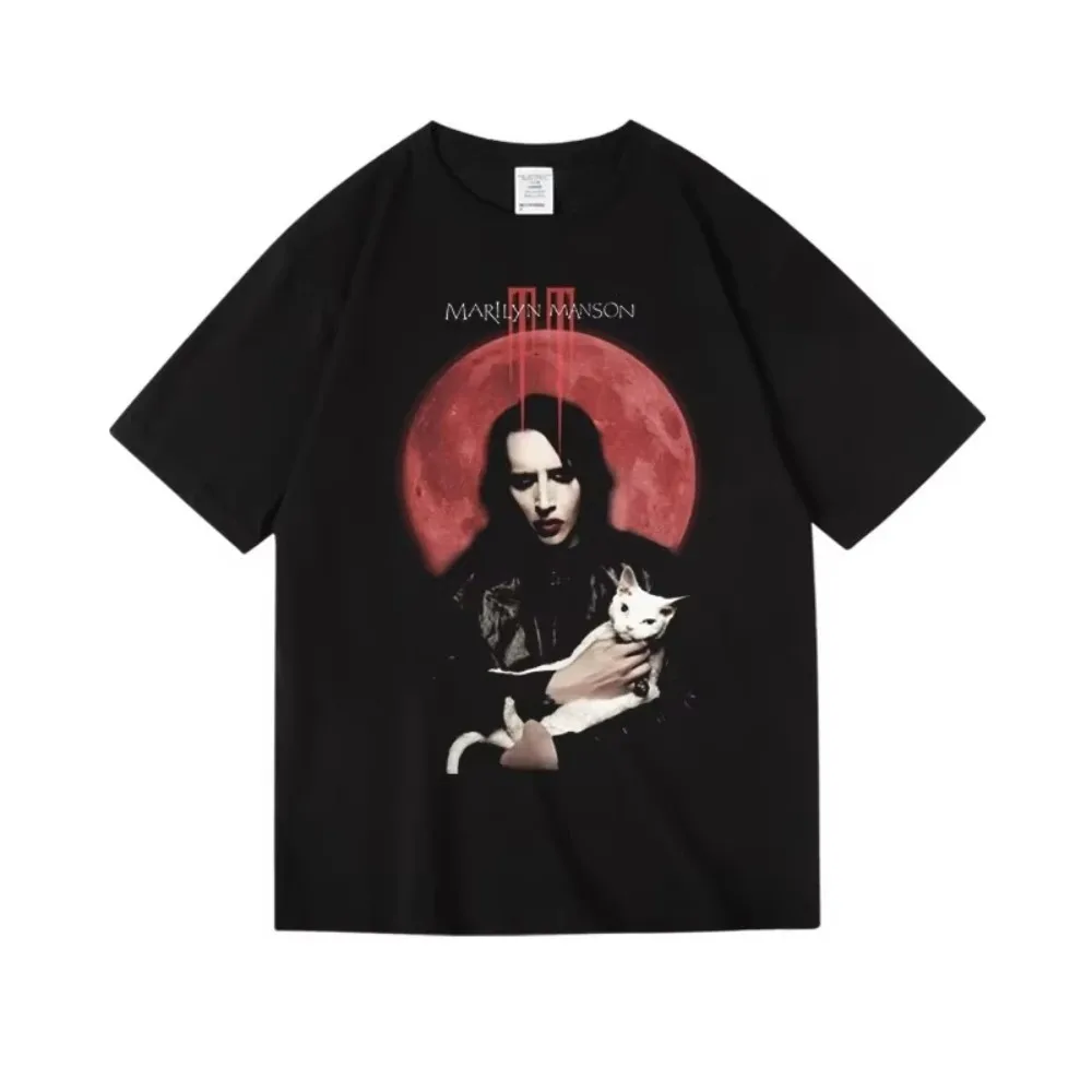 Camiseta da banda Marilyn Manson, moda masculina de verão, tendência de rua, 100% algodão, confortável, solta, manga curta, unissex, camiseta