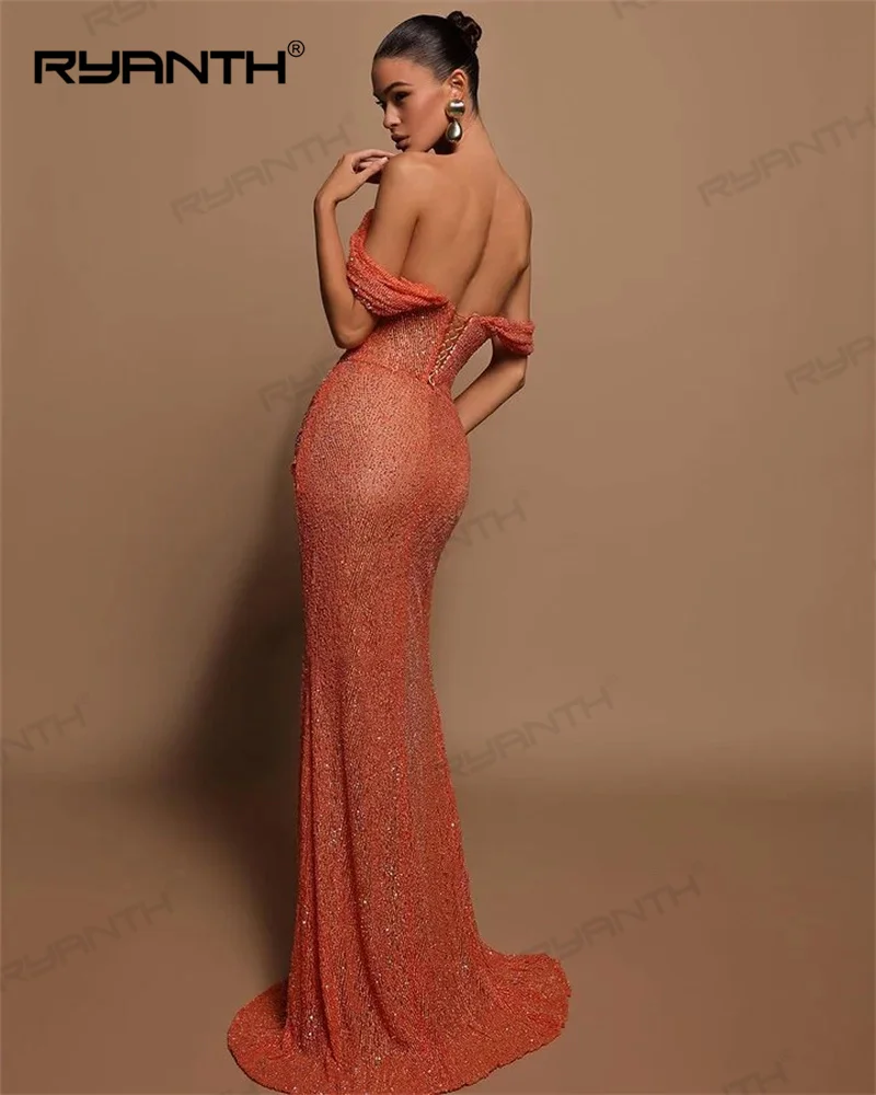 Ryanth Orange Sexy Evening Dresses High Side Slit Prom Dresses Sleeves Off the Shoulder Formal Prom Gowns Glitter Sequines Gowns