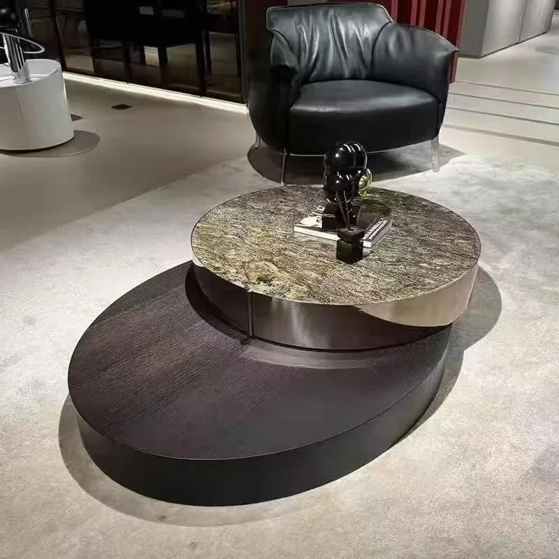 Round smoked wood, platinum diamond luxury stone minimalist, light luxury multi-functional rotating coffee table