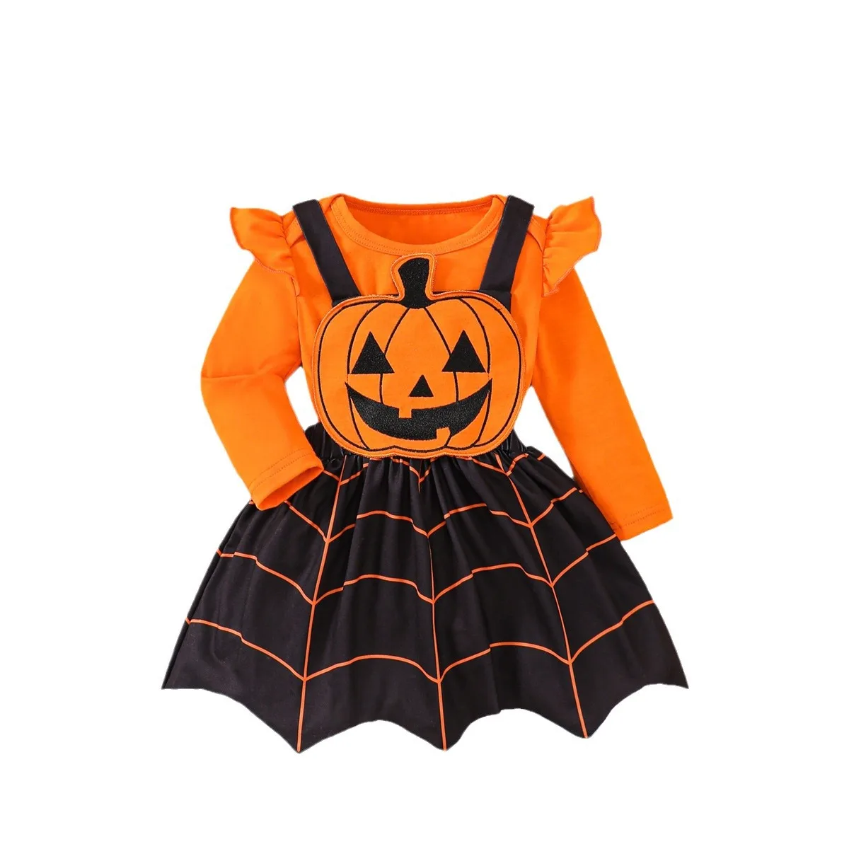 

MINISO Pumpkin Ghost Face Halloween Baby Girl Outfit Autumn Three Piece Set Long Sleeve Romper Holiday Strap Dress 0-1 Years