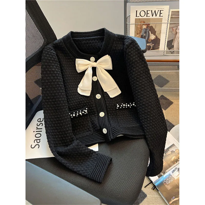 Light Luxury Bowknot Design Short Knit Cardigan Pearl Button Fashion Women 2024 New Sweater Coat Gentle Slim Fit Solid Color Top