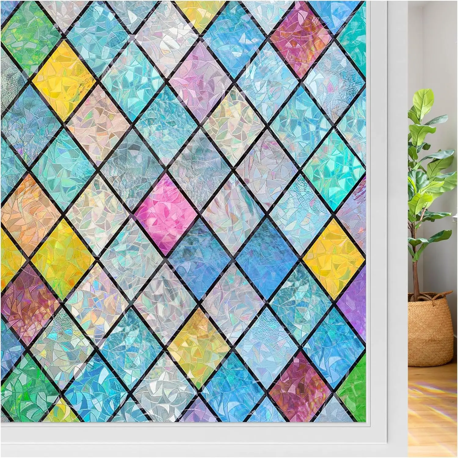 Buntglas-Fensterfolie, Regenbogenfolie, dekorativer 3D-Sichtschutzaufkleber, bunte Gitter-Fensteraufkleber, statische Aufkleber für Zuhause