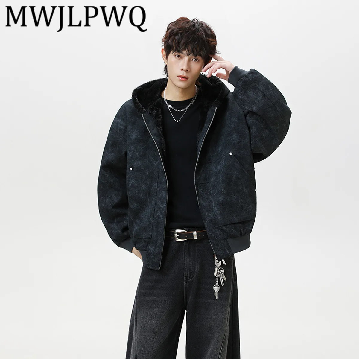 

MWJLPWQ Trendy 2026 New Fleece Lined Cotton Coat Male American Style Texture Design Long Sleeve Hooded Casual Tops Street 22035