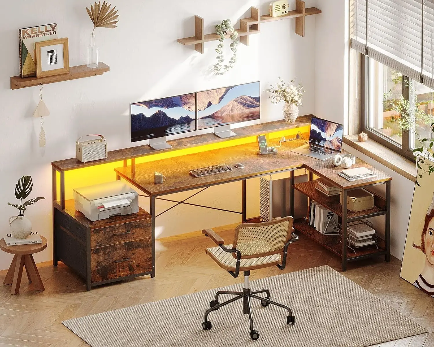 ODK L Shaped Desk with File Drawer, 75" Reversible L Shaped Computer Desk with Power Outlet & LED Strip, Office Desk