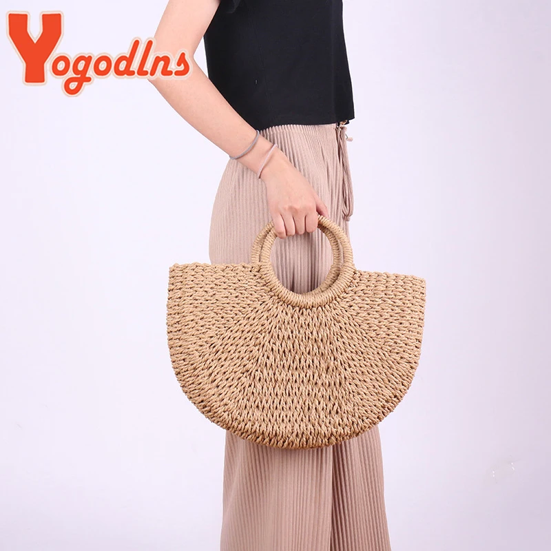 Yogodlns New Fashion MOON Straw Handbags Women Summer Beach Bag Rattan Bag Handmade Vintage Woven Handbag For Women bolsa femme