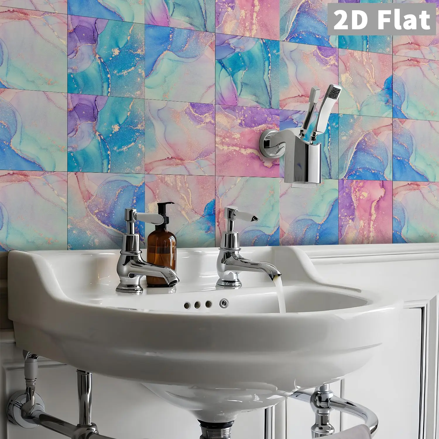 8Pcs Marble Tile Stickers, Rainbow Ink Gilded Style, HD Print, For Living Room Wall Renovation
