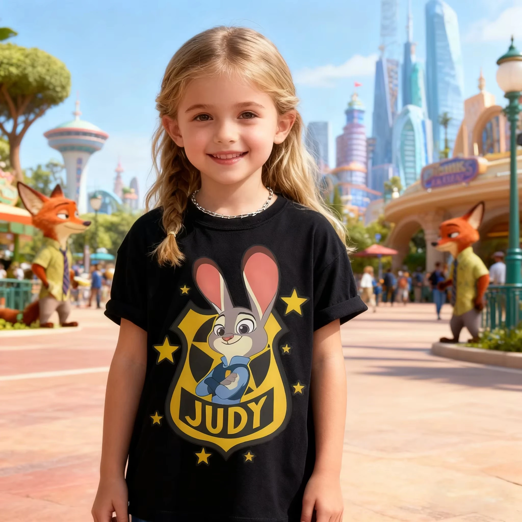 

Детская футболка с короткими рукавами из коллекции Zootopia 2, с мультяшным принтом Джуди Ник Фокс, дышащий и удобный топ для лета и осени