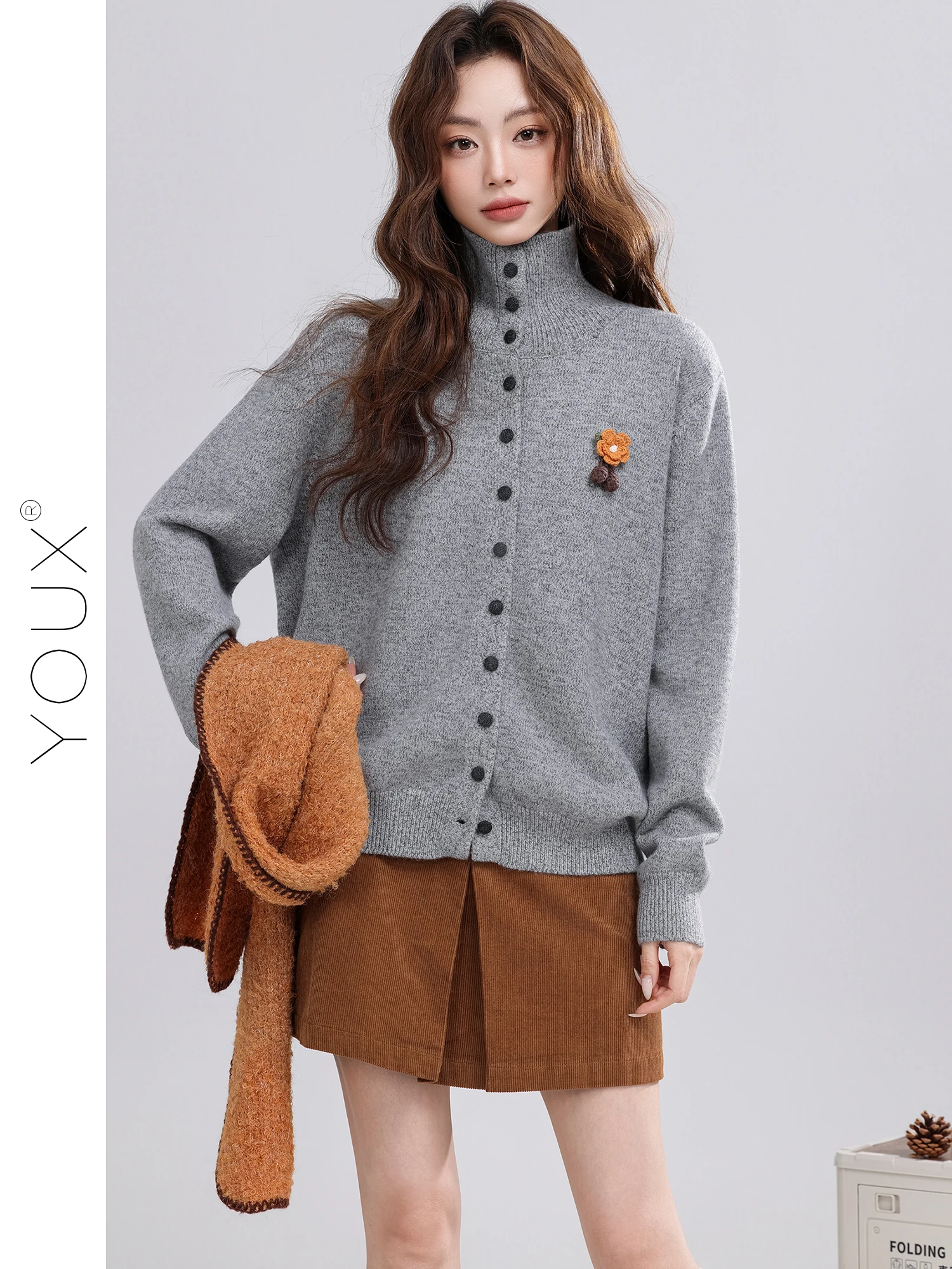 

Soft Cozy High Neck Grey Women's Sweater Lazy Style Winter New Arrival Open Cardigan Top by Another Lane Polyester Acrylic Nylon