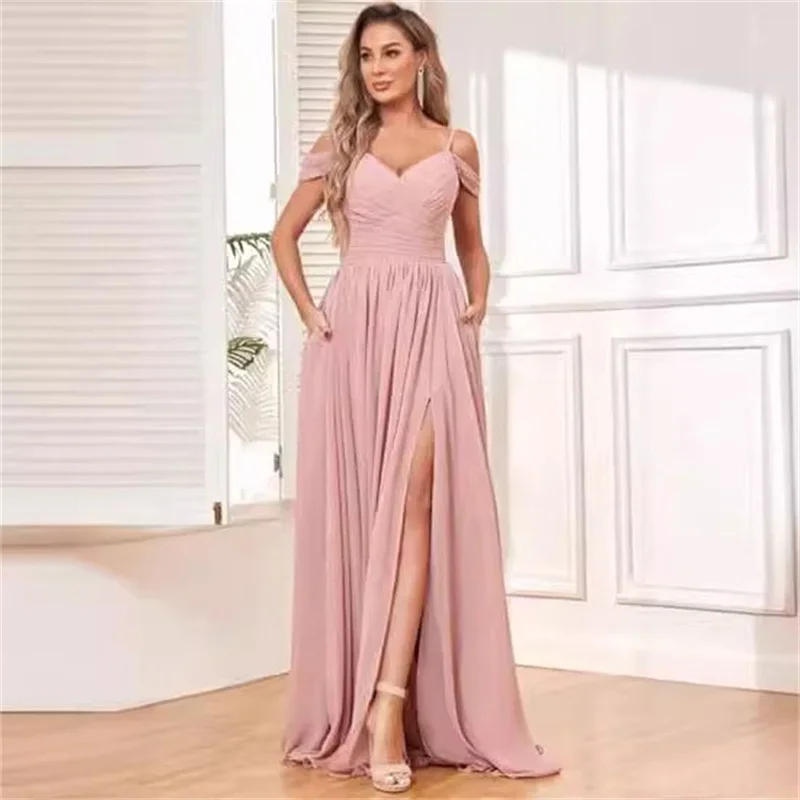 A Line Chiffon Slit Elegant V Neck Pleat Spaghetti Straps Bridesmaid Dresses Evening Wedding Party Formal Prom Cocktail Lace Up