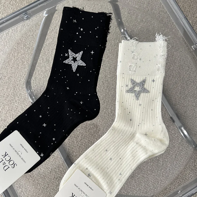 Y2K Distressed Fringe Crew Socks Rhinestone Star Print Thin Cotton Mid Calf Stackable Socks Sweet Cool Women Street Hosiery