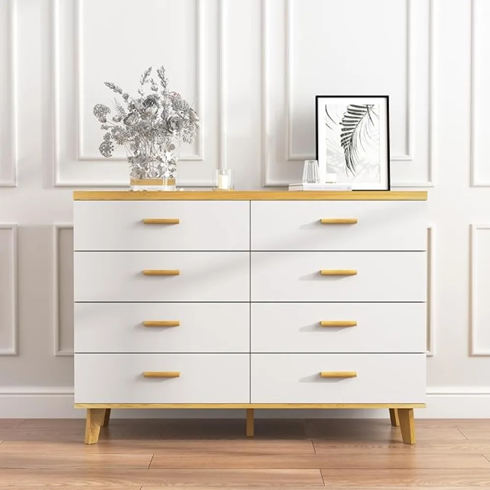 6 Drawer Dresser, White Wooden Dresser for Bedroom, Wide Chest of Drawers with Solid Wood Handles and Legs for Livin