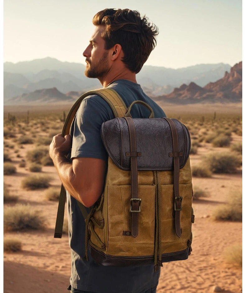 Retro-Patchwork-Rucksack aus Segeltuch und Leder, wasserdicht für Outdoor-Reisen, Computeraufbewahrung, Reiserucksack mit mehreren Taschen