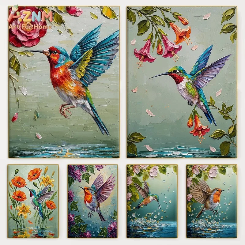 AZNM Colorful Hummingbird Floral Oil Painting Style Canvas Wall Art Print Decor