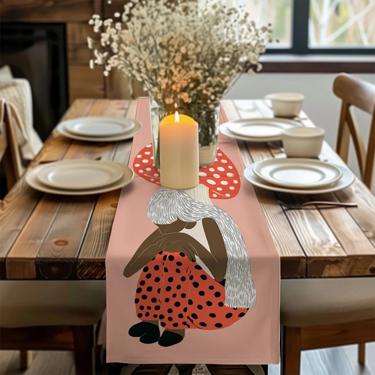 

decoration table runner Red Mushroom and Polka Dot Chic Style Long cloth Festive Dining & Living Room Decor,Kitchen & Coffee Tab