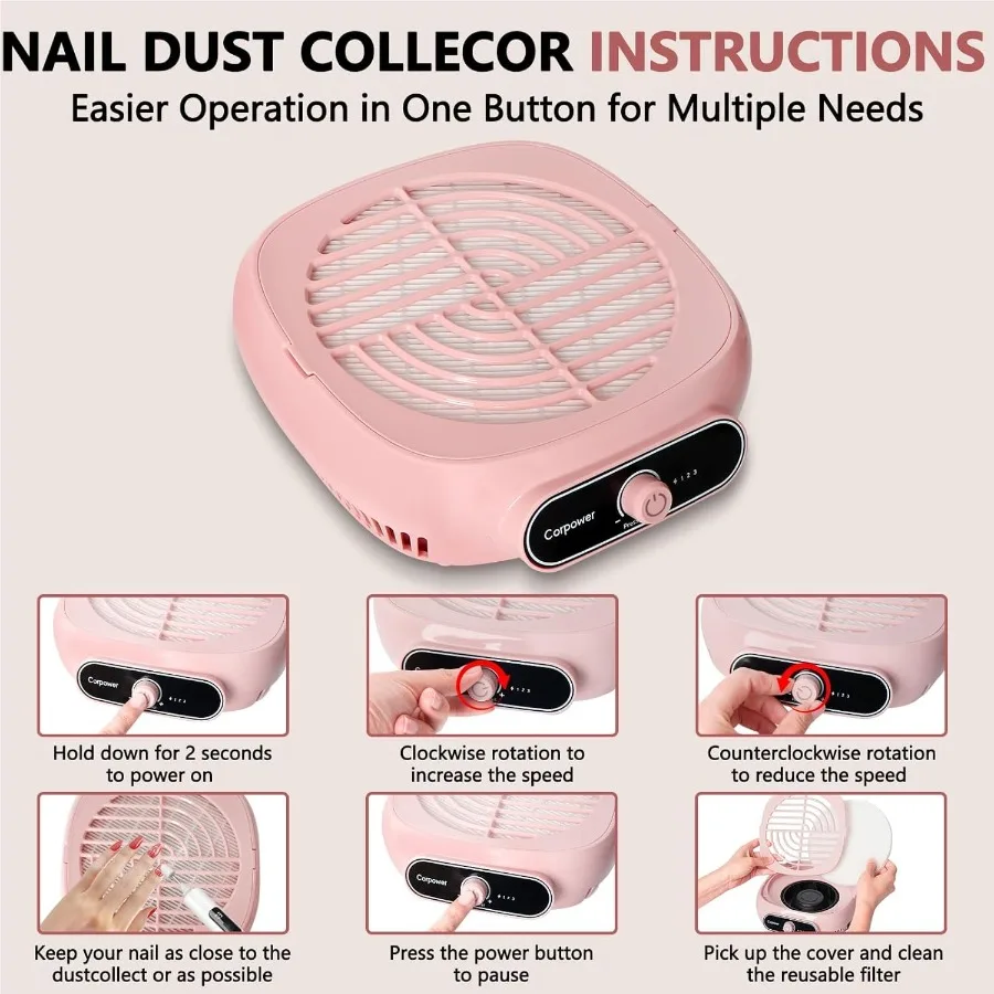 Profesjonalny odkurzacz do pyłu paznokci, bezszczotkowy turbo odkurzacz dla manicure z filtrem wielokrotnego użytku, mocny odkurzacz do paznokci z wentylatorem.