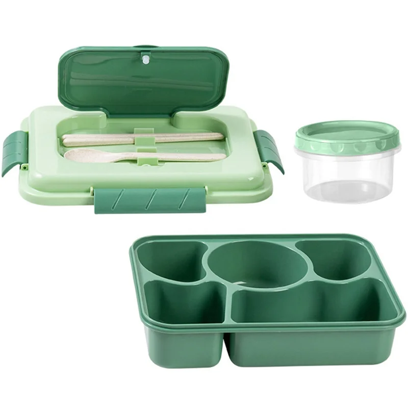 Fiambrera Bento Box para adultos, 1600Ml, 5 compartimentos, cuchara reutilizable integrada, palillos, viaje, hogar, esenciales (verde)