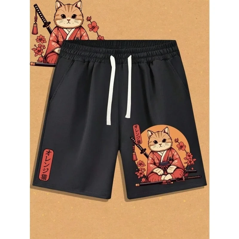 Men's 3D Fun Samurai Cat Cartoon Animal Print Shorts for Summer Beach Wear, Breathable Casual Swimsuit