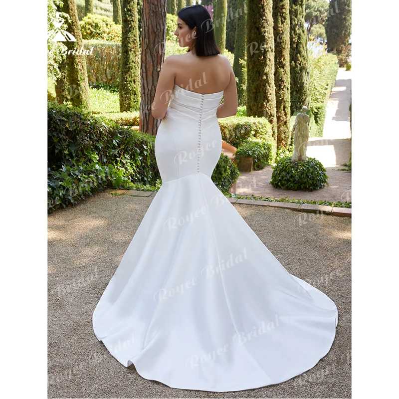 Vestido de novia sencillo de sirena para mujer, traje Sexy con escote en V, sin mangas, plisado con botones en la espalda, de satén, de talla grande