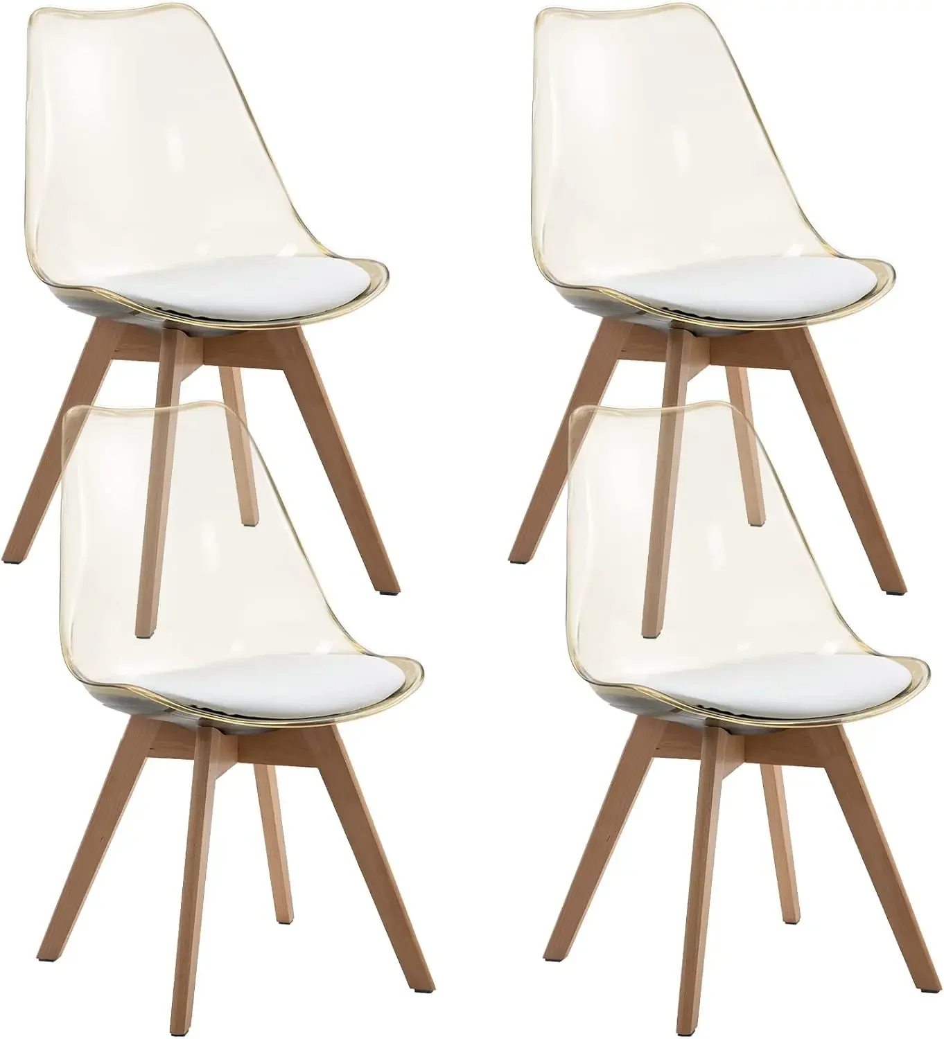 Dining Chairs Set of 4, Modern Kitchen Clear Acrylic Accent Dinner Chairs with PU Leather Cushions Seat and Solid Beech