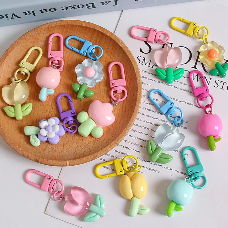 Cute Rabbit Flower Key Chains Kawaii Mini Tulip Flowers Keychain Girls Handbags Decorative Key Rings Pendant Accessories