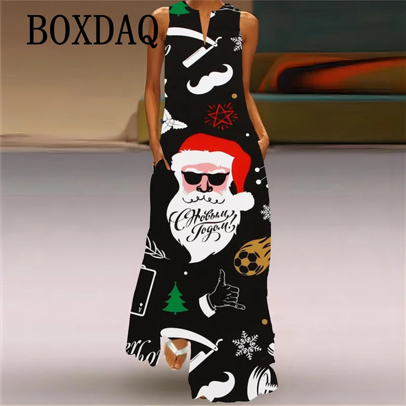 Christmas Party Women Long Dress New 2024 Autumn Cute Santa Claus Christmas Tree Print Maxi Dress Ladies Clothing Casual Robe