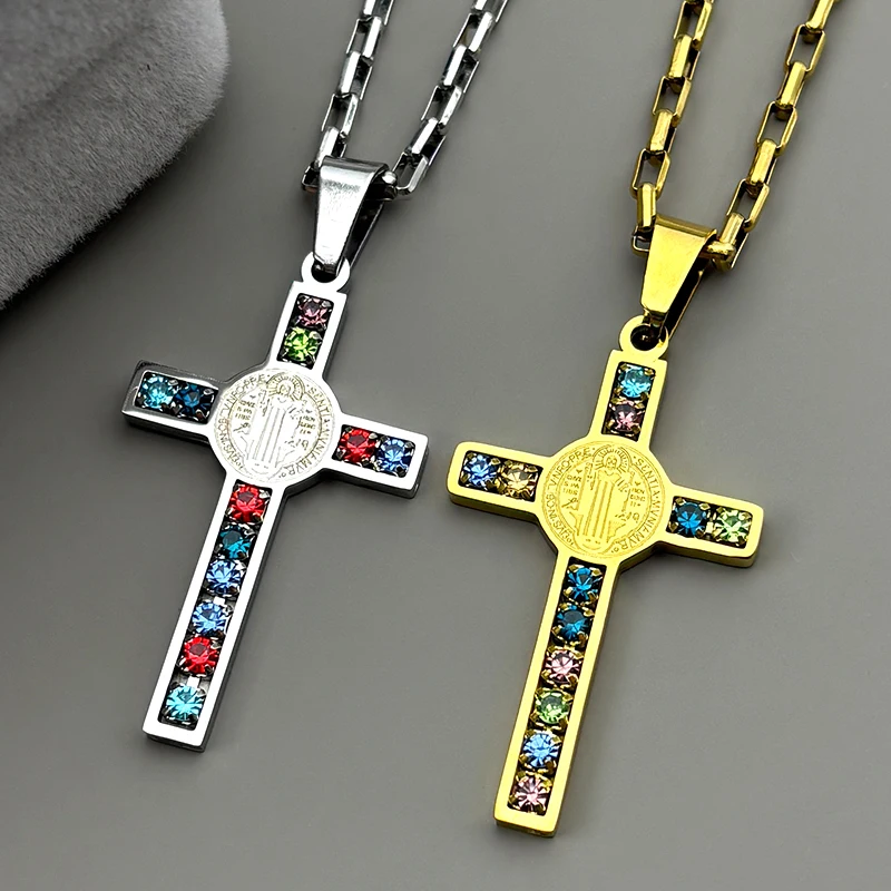 

Catholic Jesus Cross Stainless Steel Pendant Necklace for Women Men Saint Benedict Crystals Crucifix Chain Necklaces Jewelry