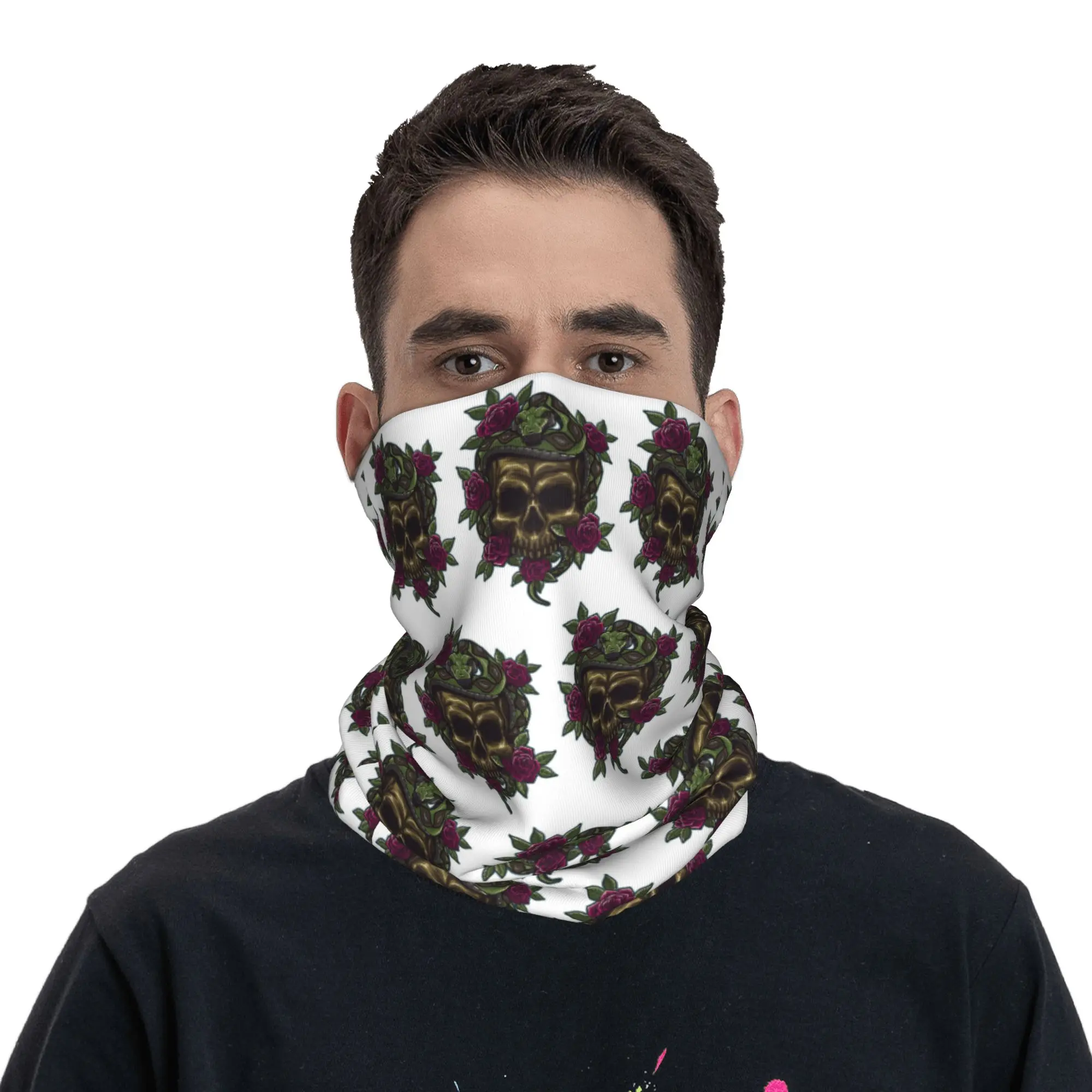 Skull Snake and Roses Printed Bandana Neck Gaiter Printed Magic Scarf Warm Headwear Cycling For Men Women Adult