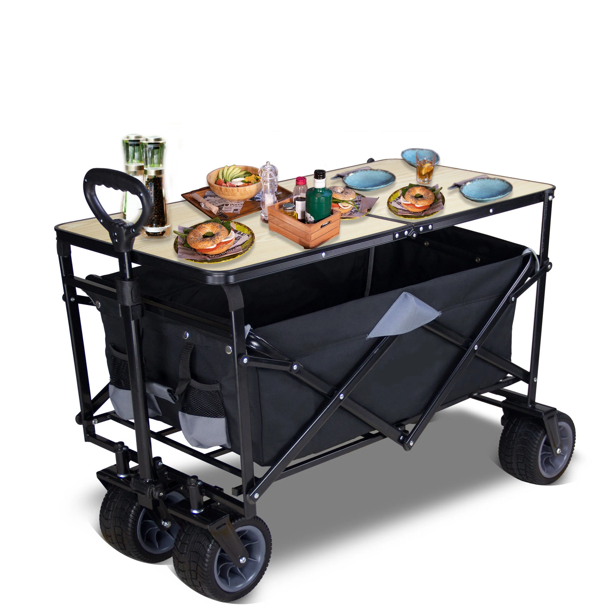 Foldable Camping Wagon Cart with Table, Outdoor Utility Cart for Camping Picnic