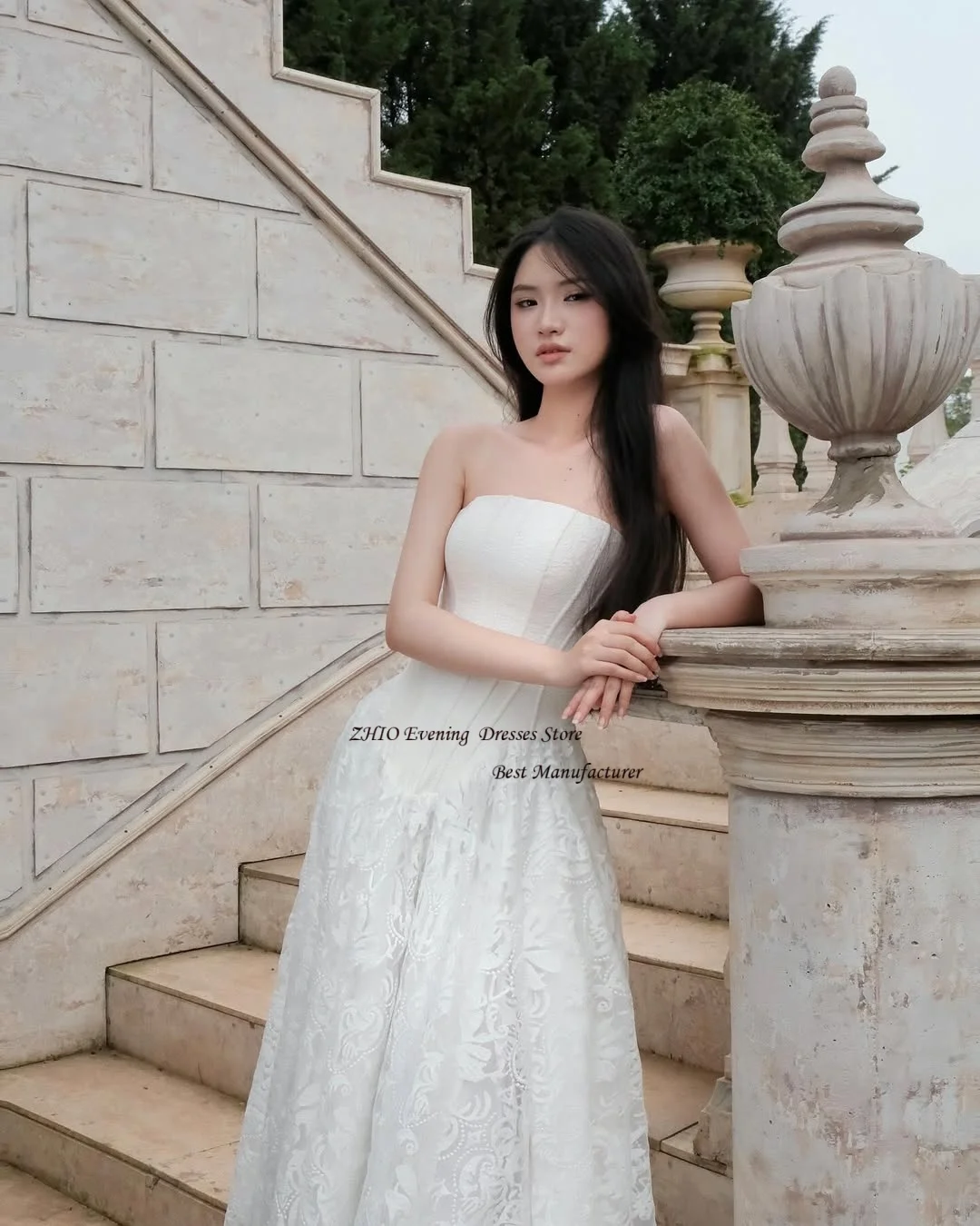 ZHIO Ivory Elegant Chiffon with Embroidery Strapless Wedding Dress Photoshoot Sleeveless Floor Length Pleated Formal Bride Gowns