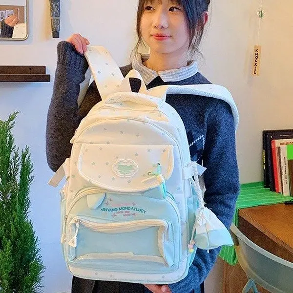 

Cute Large Capacity Lightweight Backpack for Girls Middle School Students Casual Travel Nylon Street Trend Double Shoulder Bag