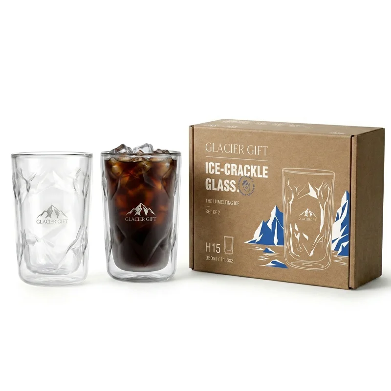 2-pack dubbelwandige glazen koffiemokken, geïsoleerd, transparant, handgemaakt kristalontwerp, geen condensatie, hittebestendig, cadeau voor vader, mannen