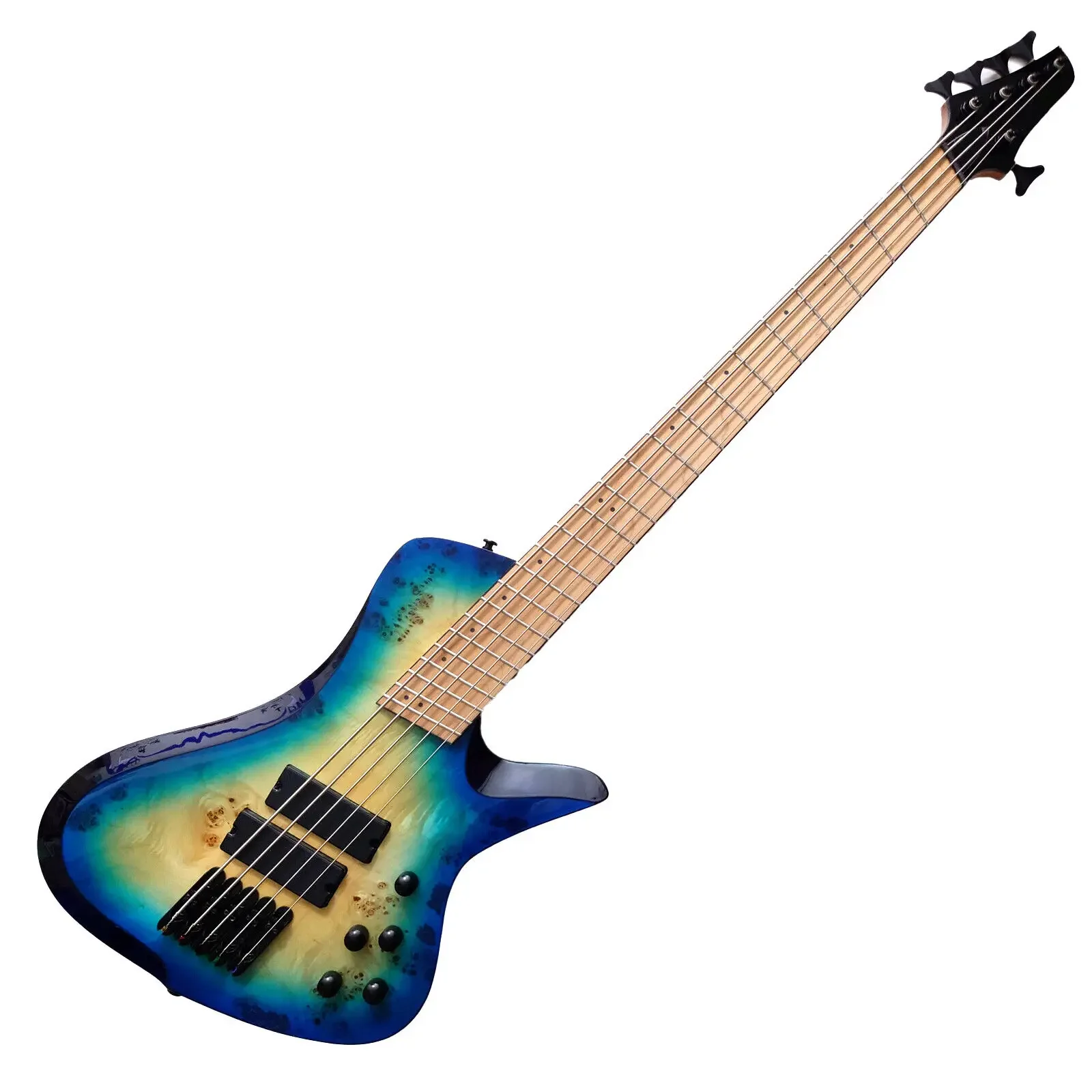 

5 String Fanned Fret Electric Bass Guitar - Roasted Maple Neck, Blue Burl Burst Quilt Maple Top