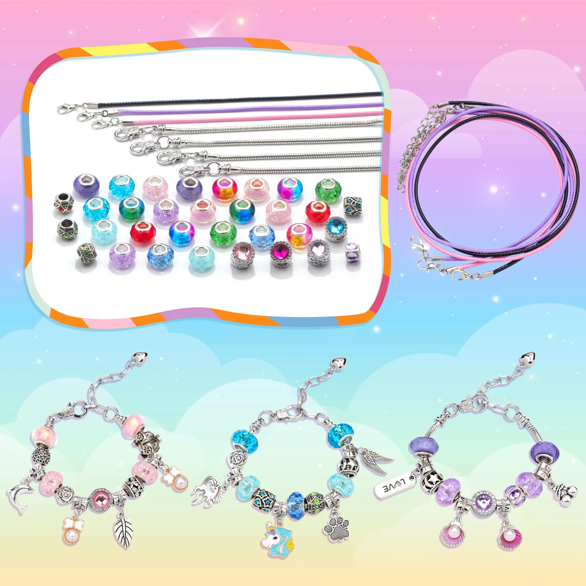 مجموعة أساور يدوية مكونة من 68 قطعة من الرسوم المتحركة يونيكورن، مجموعة هدايا عيد ميلاد حرفية مطرزة ملونة مع خرز بفتحة كبيرة وزخارف وإكسسوارات