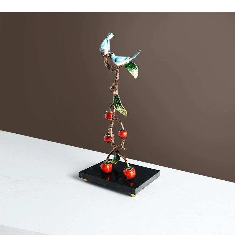 Painted Birds and Flowers Alloy Sculpture Plum Blossom Persimmon Tree Crafts Ornaments Room Aesthetics Decor Desk Decoration