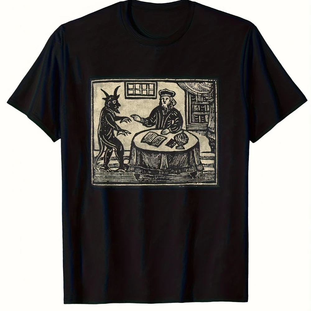 Herren-T-Shirt im Gothic-Stil mit Dämonen- und Descartes-Motiv, Horror-Print auf Holzpfahl, Sommer-T-Shirts für Männer